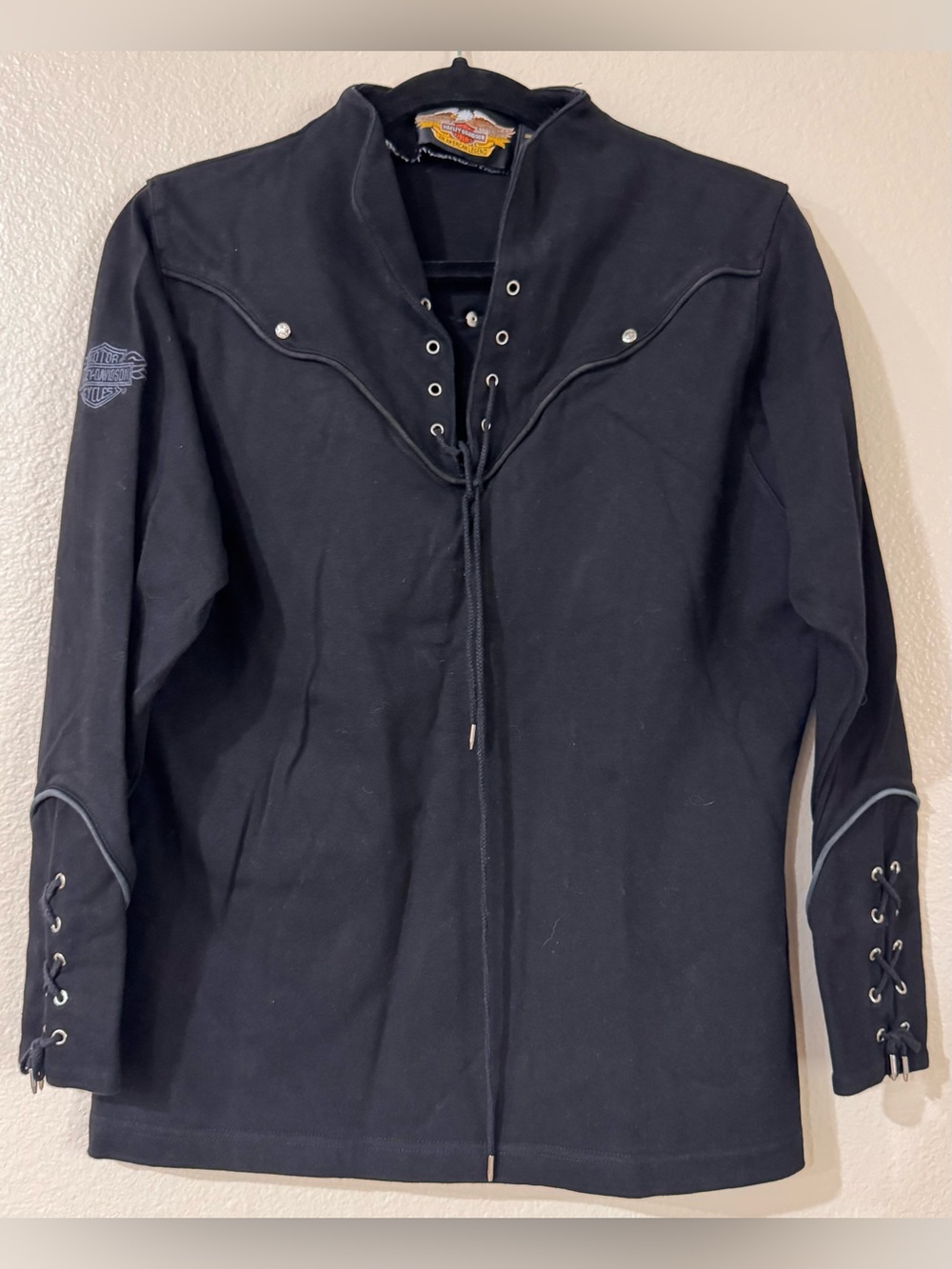 Vintage Harley Davidson Lace Up Western Yoke Studded Shirt Top Black Women M